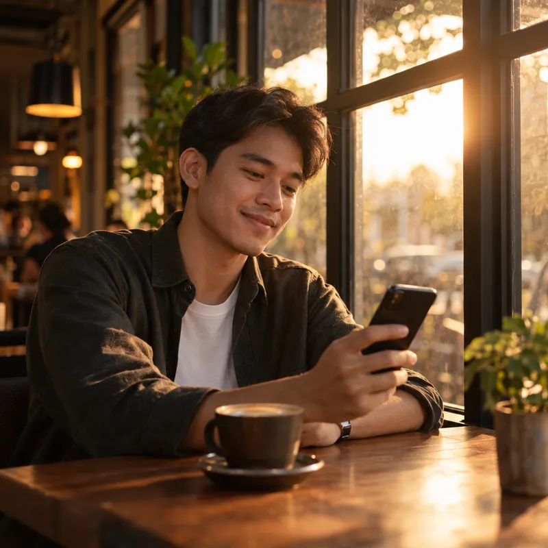 Mengerjakan tugas dari HP sambil ngopi di kafe
